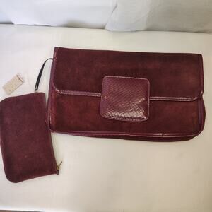 Vintage Woolf Brothers Suede Clutch Burgundy w/ Pouch + Original Receipt Retro